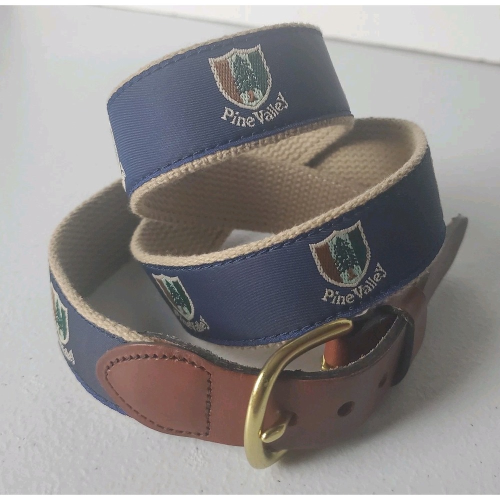 LEATHER MAN LTD ESSEX Embroidered Ribbon Belt PINE VALLEY GOLF CLUB Size 44 Blue